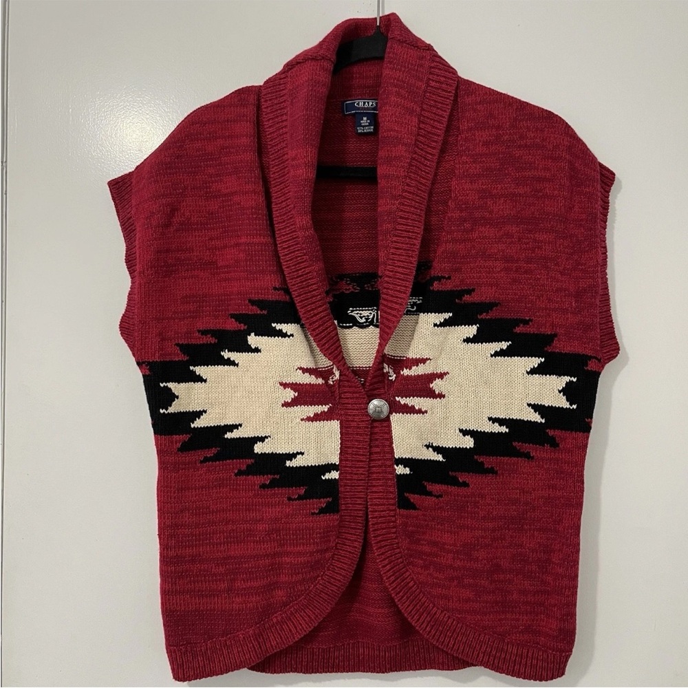 Chaps Denim Red and Black Aztec Southwestern Tribal Women's Sweater Vest Sz M